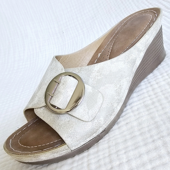 Wedge Mule Sandals, Open Toe with Buckles in Ivory, Size 8 Medium - Picture 2 of 16